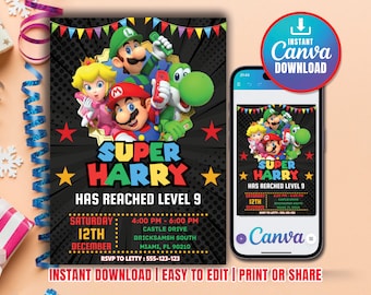 Invitación de cumpleaños de Super Mario, invitación de cumpleaños, invitación de Super Mario, plantilla de invitación de cumpleaños de Mario editable e imprimible Canva