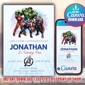 SUPERHERO Party Invitation INSTANT DOWNLOAD Superhero Invitations Superhero Party Invitation Superhero printable Editable Canva Superhero