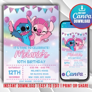 Stitch-sjabloon voor verjaardagsuitnodiging Bewerkbare Stitch-verjaardagsuitnodiging voor meisjes Stitch-verjaardagsuitnodiging voor Stitch-uitnodiging Canva-sjabloon