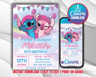 Stitch Birthday Invitation Template Editable Stitch Girls Birthday Invitation Stitch Birthday Party Invitation Stitch Invite Canva template