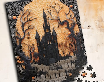 Rompecabezas de casa encantada (252 piezas, 520) Noche de juegos de Halloween / Arte de hilo espeluznante / Castillo gótico victoriano / Diseño de bordado de arte oscuro