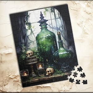 Gothic Apothecary Jigsaw Puzzle | Alchemy Graphic | Absinthe | Witchcraft Design | Green Witch | Spooky Potion | Dark Art | Botanical Skulls