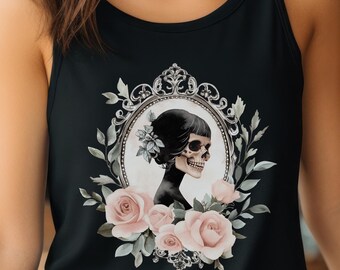 Cameo Skull Tank Top, Lady Skeleton Women's Racerback Victorian Gothic Tank Top, Sporty Lightweight, Pastel Goth Graphic, Festival fashion