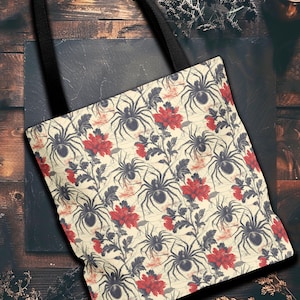 Spider Floral Tote Bag | Gothic Shoulder Bag | Arachnid Fashion Accessory | Halloween | Dark Art | Spooky Purse | Horror Shopping Bag | Gift