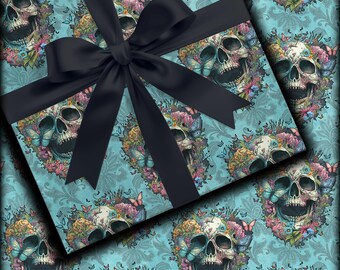 Skull & Butterflies Wrapping Paper, Gothic Gift Wrap, Colorful Teal Gift Packaging, Floral Skull Pattern Paper Roll, Bohemian Present, Party