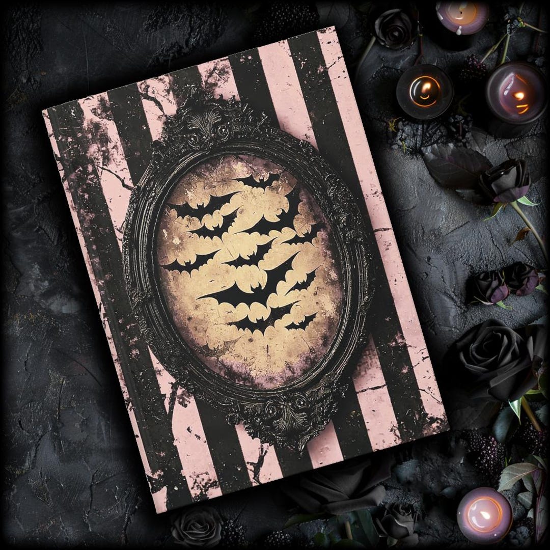 Bat Notebook Flying Bats Notebook Spooky Season Black Pink Striped Hardcover Book ...