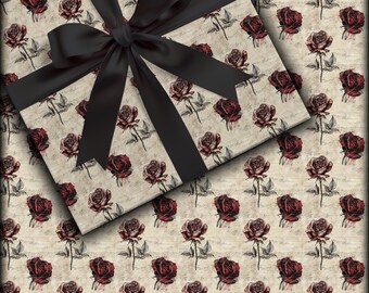 Gothic Roses Wrapping Paper, Gothic Gift Wrap, Creepy Packaging, Dark Art, Grunge Valentine Paper, Macabre, Dark Romance, Anniversary Gift