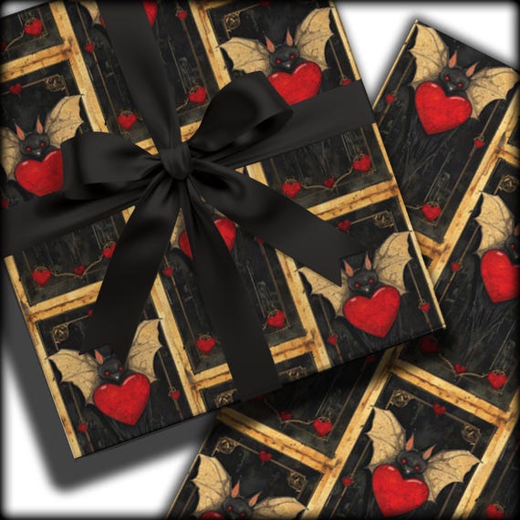 Vampire Bat Wrapping Paper, Gothic Gift Wrap, Creepy Packaging, Dark Art, Gothic Valentine Paper, Heart Bats, Dark Romance, Anniversary Gift