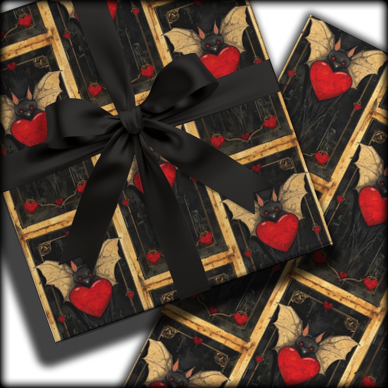 Vampire Bat Wrapping Paper, Gothic Gift Wrap, Creepy Packaging, Dark Art, Gothic Valentine Paper, Heart Bats, Dark Romance, Anniversary Gift imagem 1