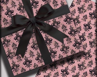 Pink Skull Wrapping Paper, Victorian Gothic Gift Wrap, Creepy Gift Packaging, Dark Art, Damask Skull Pattern Paper, Macabre, Pastel goth