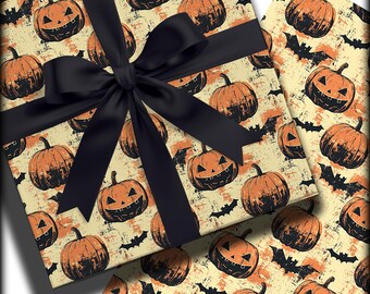Pumpkins & Bats Wrapping Paper Halloween Jack O Lantern Holiday Wrap Creepy Packaging Goth Gift Giving October Gothic Wrapping Paper Fall