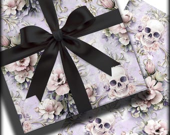 Pode incluir: Papel de embrulho com padrão floral roxo e branco com uma fita de cetim preta e um design de caveira.