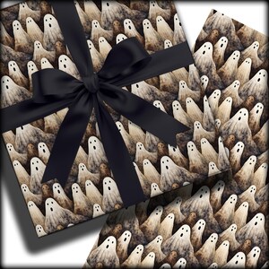 May include: Gift wrap featuring a repeating pattern of cartoon ghosts in shades of brown and white. A black satin ribbon is tied in a bow around the wrapped gift. The design is suitable for Halloween or spooky-themed occasions.