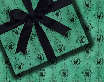 Skull Wrapping Paper, Gothic Gift Wrap, Creepy Gift Packaging, Dark Art, Green Skull Pattern Paper, Macabre, Victorian Gothic, Hexmas