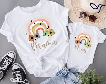 Floral Rainbow Mama Mini Matching T-shirt as Mothers Day Gift, Boho Rainbow Mama Mini Matching Shirt,  New Mom Gift