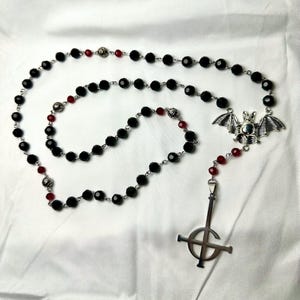 Frater Imperator / Dracopia Inspired Rosary with Black and Red Beads and Silver Grucifix and Bat