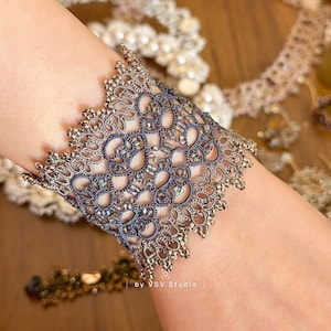Tatting Lace Bracelet: Midnight Silver, Seed Beads, Mother-of-Pearl Clasp