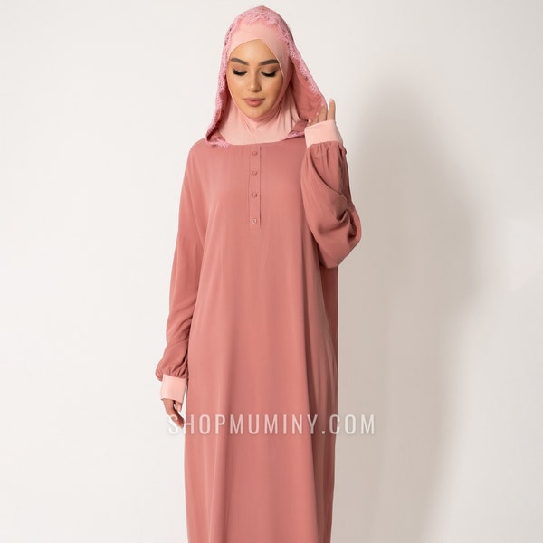 Rosey Pink One-Piece Hooded Prayer Dress, Prayer Jilbab, Prayer Hijab, Prayer Khimar, Salah Dress, Muslim Prayer Gown