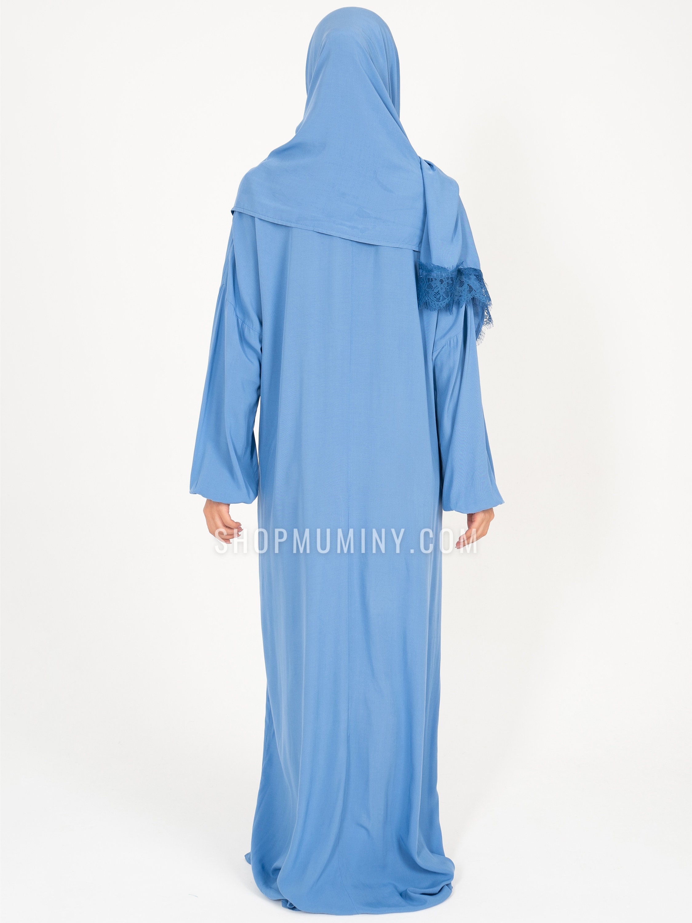 Handmade Baby Blue Prayer Set with Embroidery and Sleeves | Two-Piece Khimar & Skirt