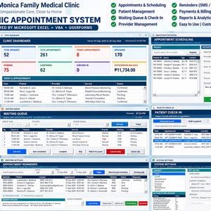 Puede incluir: Una interfaz digital de sistema de citas médicas para Microsoft Excel y VBA, con un panel azul y blanco para gestión de pacientes, programación de citas, colas de espera y ajustes de la Sta. Monica Family Medical Clinic.
