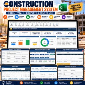Puede incluir: Una plantilla digital de sistema de gestión de proyectos de construcción para Excel y VBA. La interfaz muestra paneles de control para costos, estado y transacciones, junto con módulos para gestión de proyectos, compras, inventario y nómina.