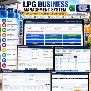 Könnte beinhalten: Eine automatisierte LPG-Geschäftsverwaltungssystem-Vorlage für Excel und VBA. Die Benutzeroberfläche zeigt ein Hauptmenü, tägliche Verbrauchsaufzeichnung, Lagerkontrolle, Kundenkontostände und Zahlungsmodule mit verschiedenen Datenfeldern.