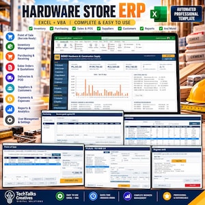 Op de afbeelding: Een digitale software-interface voor een ERP-systeem voor bouwmarkten, weergegeven op meerdere schermen. Het dashboard toont verkoopgegevens, voorraadbeheer, inkoop en point-of-sale-modules met tekstlabels voor bedrijfsactiviteiten.