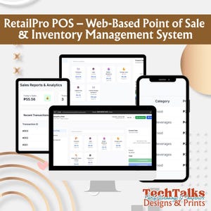 Peut inclure: Capture d'écran d'un système de point de vente (POS) affichant des rapports de ventes et des fonctionnalités de gestion des stocks. L'écran affiche les données de vente, les ID de transaction et les catégories de produits. Le texte "RetailPro POS" est visible.