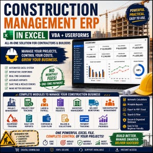 Könnte beinhalten: Eine digitale Anzeige für ein Bau-Management-ERP in Excel mit VBA und Benutzerformularen. Das Bild zeigt einen Laptop mit einem Projekt-Dashboard inklusive Diagrammen, einen gelben Bauhelm und Symbole für verschiedene Bau-Management-Module.