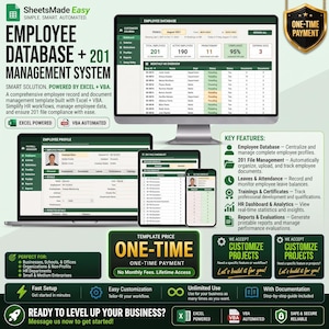 Könnte beinhalten: Eine Mitarbeiterdatenbank und ein Verwaltungssystem-Template, betrieben mit Excel und VBA. Die Darstellung zeigt ein Dashboard, ein Mitarbeiterprofil und eine Dateicheckliste auf einem Monitor, einem Laptop und einem Smartphone.
