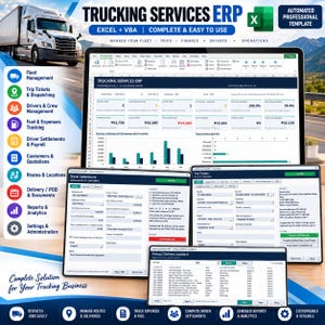 Op de afbeelding: Een digitaal ERP-sjabloon voor transportdiensten in Excel en VBA met een dashboard voor wagenparkbeheer, rittickets, chauffeursafrekeningen en brandstofregistratie, inclusief datatabellen, grafieken en operationele statistieken.