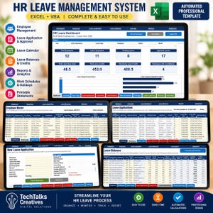 May include: An HR Leave Management System Excel template featuring a dashboard with data visualisations, employee master lists, leave application forms, and balance tracking sheets. The interface includes blue navigation bars and text labels.