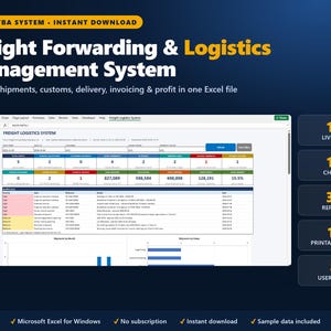 Puede incluir: Un sistema de gestión de logística y transporte de carga en Excel VBA con menú principal, tablas de datos para cotizaciones, envíos, aduanas, entregas, facturación y ganancias. Incluye 16 KPI, 10 gráficos, 35 informes, 11 documentos y 8 roles.