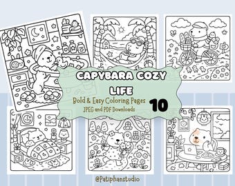 Capybara Cozy Life Coloring Pages | Cozy Capybara Coloring Pages, Bold and Easy Coloring Pages, Coloring Pages, Relaxing Coloring Sheets