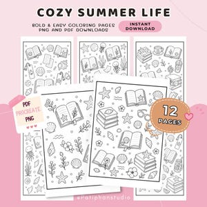 May include: A set of black and white coloring pages with a summer theme. The pages depict illustrations of books, seashells, starfish, and other summer-related objects. The image text includes "COZY SUMMER LIFE" and "12 PAGES".