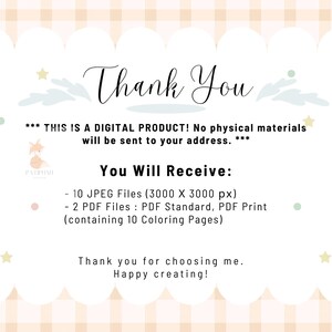 Puede incluir: Un anuncio de producto digital con un fondo de cuadros rosa y blanco. El texto dice "Gracias" y "&iexcl;Este es un producto digital! No se enviar&aacute;n materiales f&iacute;sicos a su direcci&oacute;n." El texto tambi&eacute;n enumera los archivos digitales incluidos: 10 archivos JPEG (3000 x 3000 p&iacute;xeles) y 2 archivos PDF (PDF est&aacute;ndar, PDF para imprimir) que contienen 10 p&aacute;ginas para colorear.