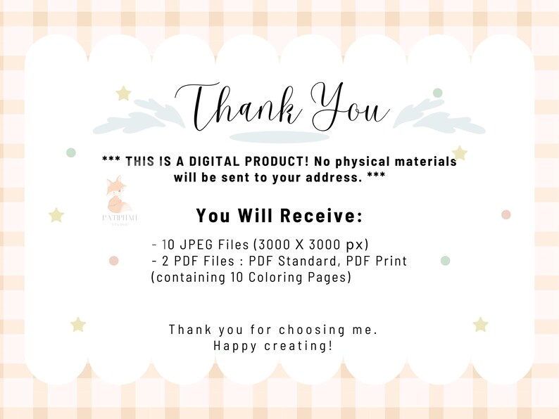 Puede incluir: Un anuncio de producto digital con un fondo de cuadros rosa y blanco. El texto dice "Gracias" y "&iexcl;Este es un producto digital! No se enviar&aacute;n materiales f&iacute;sicos a su direcci&oacute;n." El texto tambi&eacute;n enumera los archivos digitales incluidos: 10 archivos JPEG (3000 x 3000 p&iacute;xeles) y 2 archivos PDF (PDF est&aacute;ndar, PDF para imprimir) que contienen 10 p&aacute;ginas para colorear.