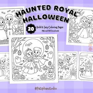 May include: A selection of black and white Halloween-themed colouring pages. The illustrations depict royal characters, ghosts, pumpkins, and bats. The text "HAUNTED ROYAL HALLOWEEN" is at the top, with "20 Bold & Easy Colouring Pages".