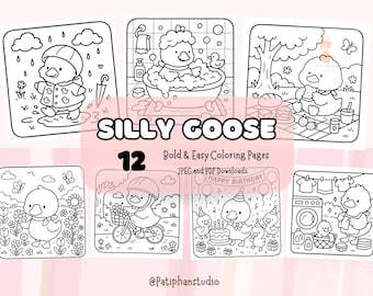 Silly Goose Coloring Pages | 12 Bold & Easy Designs (Digital Download)
