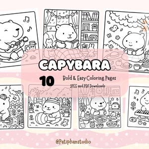 Pode incluir: Dez páginas para colorir em preto e branco com capivaras em várias atividades, como tocar música, ler, comer e brincar ao ar livre. O título "CAPYBARA" está escrito em letras grandes no topo da página, e o texto "Páginas para colorir ousadas e fáceis" está escrito abaixo do título.