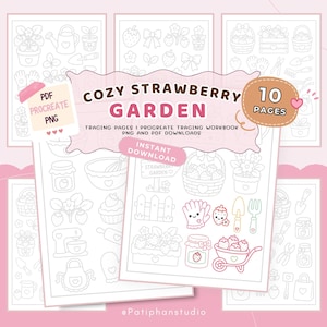 Op de afbeelding: Een roze en witte digitale download getiteld "Cozy Strawberry Garden" met 10 pagina's om te traceren. De afbeelding bevat illustraties van tuingereedschap, aardbeien en andere elementen met een tuinthema. De tekst "PDF Procreate PNG" is ook zichtbaar.