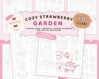 Cozy Strawberry Garden Tracing Pages | Strawberry Tracing Sheets, Fruit Tracing Sheets, Procreate Tracing Workbook, Tracing pdf download