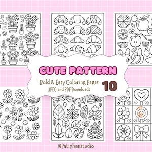 May include: Ten black and white coloring pages featuring cute patterns. The patterns include flowers, leaves, croissants, fruit, and candy.