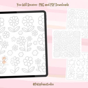 Puede incluir: Descarga digital de p&aacute;ginas para colorear con dise&ntilde;os florales y de alimentos. La imagen muestra una tableta que muestra un patr&oacute;n floral y varias hojas impresas con varias ilustraciones con temas de alimentos. El texto de la imagen dice "You Will Receive: PNG and PDF Downloads" y "@Patiphanstudio".