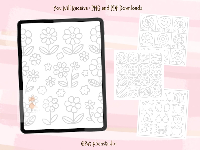 Puede incluir: Descarga digital de p&aacute;ginas para colorear con dise&ntilde;os florales y de alimentos. La imagen muestra una tableta que muestra un patr&oacute;n floral y varias hojas impresas con varias ilustraciones con temas de alimentos. El texto de la imagen dice "You Will Receive: PNG and PDF Downloads" y "@Patiphanstudio".