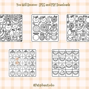 Puede incluir: P&aacute;ginas para colorear imprimibles en blanco y negro con varias frutas, incluyendo fresas, sand&iacute;a, manzanas, pl&aacute;tanos, peras y pi&ntilde;as. El texto "You Will Receive: JPEG and PDF Downloads" est&aacute; en la parte superior de la imagen.