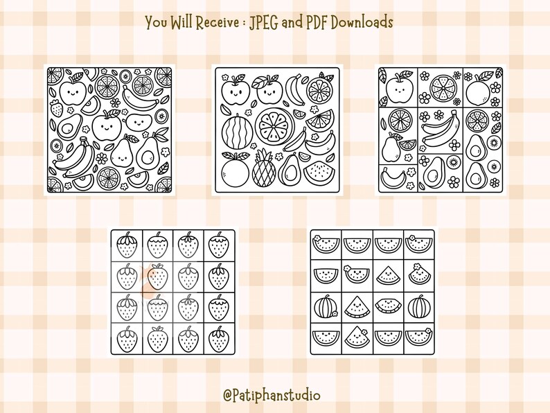 Puede incluir: P&aacute;ginas para colorear imprimibles en blanco y negro con varias frutas, incluyendo fresas, sand&iacute;a, manzanas, pl&aacute;tanos, peras y pi&ntilde;as. El texto "You Will Receive: JPEG and PDF Downloads" est&aacute; en la parte superior de la imagen.