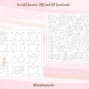 Puede incluir: Dos ilustraciones cuadradas con dibujos lineales. Una presenta varias frutas como pi&ntilde;a, sand&iacute;a y mangos. La otra muestra hojas y elementos florales. El texto "You Will Receive: PNG and PDF Downloads" est&aacute; en la parte superior y "@Patiphanstudio" en la inferior.