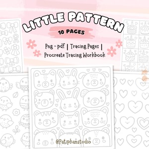 May include: A digital workbook titled "Little Pattern" with 10 pages of tracing exercises. The pages feature various designs, including bows, birds, animal faces, cakes, and hearts. The workbook is available in PNG and PDF formats.