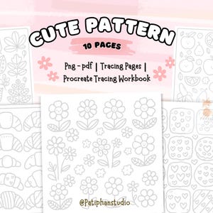 May include: A collection of grayscale tracing pages with various cute patterns, including leaves, flowers, croissants, and fruits. The text "CUTE PATTERN" and "10 PAGES" are displayed at the top. The workbook is for Procreate.